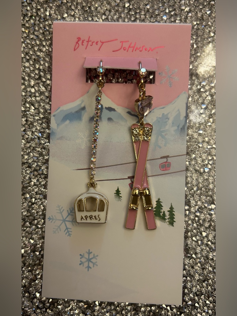 Betsey Johnson Apres Ski Skis & Ski Gondola Mismatch Drop Earrings Crystal NWT